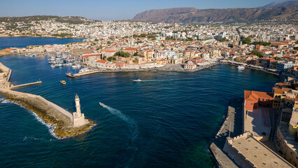 Wall Mural - Aerial view of the modern marina at the Venetian port of Chania, Crete, Greece