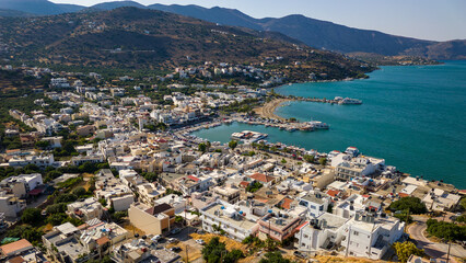 Canvas Print - Aerial view of the harbour in the holiday town of Elounda on the Greek island of Crete