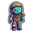 © Dhanushka - Cute colorful cartoon astronaut sticker, Glowing Outer Space Sticker Design isolated on white background. illustration of an astronaut sticker. Trendy