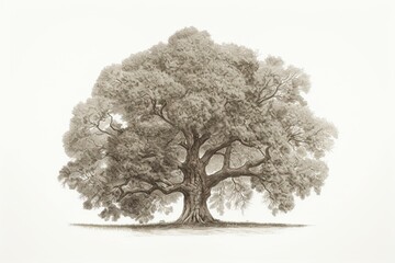 One-line drawing of an oak tree in an oval shape. Generative AI