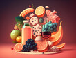 Ai mix food illustration with fresh fruits presentation, hydration healthy drinks, glasses. Concept of balanced diet, ingredients meals, health benefits nutrients vitamins. Orange juices, copy space