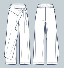 Wrap Pants technical fashion Illustration. Wide leg Pants fashion flat technical drawing template, oversize, elastic waistband, front and back view, white, women, men, unisex CAD mockup.