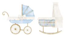 Baby Pram And Cradle. Hand Drawn Watercolor Illustration Of Stroller And Crib On Isolated Background. Set For Childish Shower Greeting Cards Or Invitations In Pastel Blue And Beige Colors. Kid Buggy.