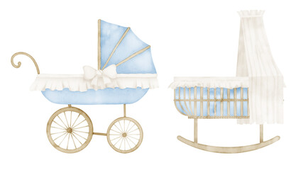 baby pram and cradle. hand drawn watercolor illustration of stroller and crib on isolated background
