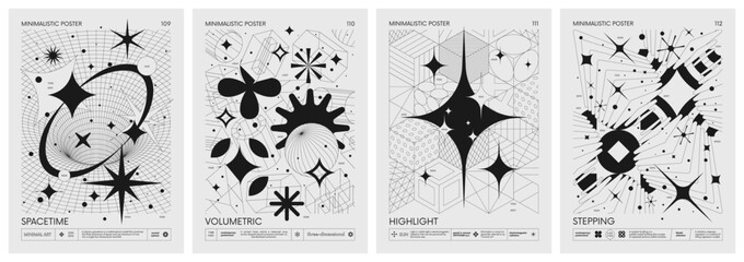 futuristic retro vector minimalistic posters with 3d strange wireframes form graphic of geometrical 