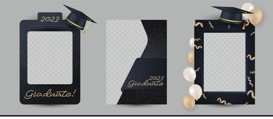 Graduation photo frame with college or high school cap. Class of 2023 elegant design for grad party, selfie, photo booth zone, album etc. Vector illustration