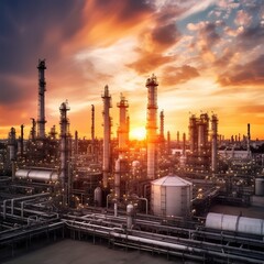 Oil and gas refinery plant or petrochemical industry on sky sunset background. generative ai