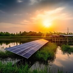 Poster - Beautiful sunset over the Solar Farm. generative ai