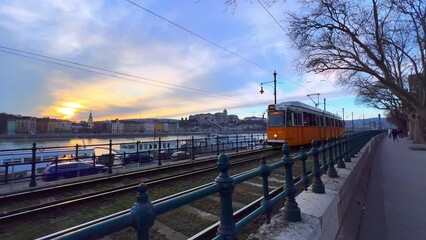 Poster - Riding vintage tram at sunset, Budapest, Hungary