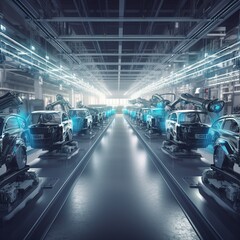 Poster - Car Factory Digitalization Industry 4.0 Concept: Automated Robot Arm Assembly Line Manufacturing High-Tech Green Energy Electric Vehicles. generative ai
