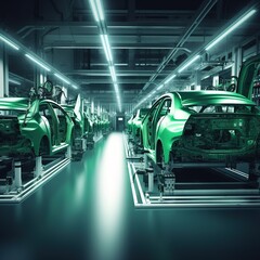 Poster - Car Factory Digitalization Industry Concept: Automated Robot Arm Assembly Line Manufacturing High-Tech Green Energy Electric Vehicles. generative ai