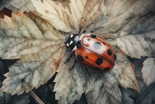 Nature-inspired Watercolor Of A Grey Pattern With A Red Ladybug. Generative AI