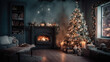 Festlich geschmücktes Weihnachts Wohnzimmer mit Kamin und Weihnachtsbaum