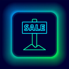 Sticker - Glowing neon line Hanging sign with text Sale icon isolated on black background. Signboard with text Sale. Colorful outline concept. Vector