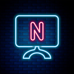 Poster - Glowing neon line Smart Tv icon isolated on brick wall background. Television sign. Colorful outline concept. Vector