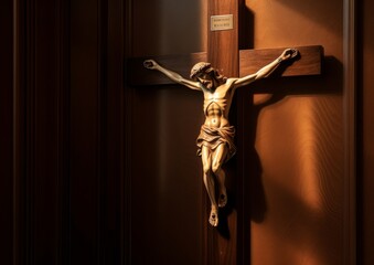 Close up of Jesus Christ on the wooden cross in the church. Generative AI.