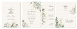 © MIMOSA - A set of rustic wedding cards with green leaves and branches. Wedding invitations, thank you cards and menus in watercolor style. Vector