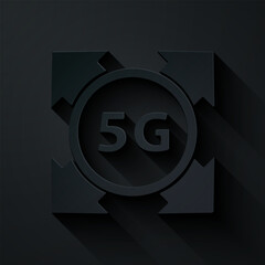 Wall Mural - Paper cut 5G new wireless internet wifi connection icon isolated on black background. Global network high speed connection data rate technology. Paper art style. Vector