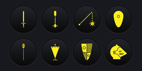 Sticker - Set Medieval chained mace ball, Shield, flag, Torch flame, iron helmet and sword icon. Vector