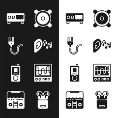 Wall Mural - Set Ear listen sound signal, Electric plug, Guitar amplifier, Stereo speaker, Music player, Oscilloscope, Air headphones in box and Home stereo with speakers icon. Vector