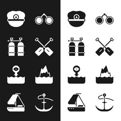 Sticker - Set Paddle, Aqualung, Captain hat, Binoculars, Periscope, Iceberg, Anchor and Yacht sailboat icon. Vector