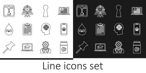 Poster - Set line Coffee beans in bag, Shopping basket on mobile, Keyhole, Clipboard with dental card, Water drop H2O, machine and cup, Head hunting concept and Marketing target strategy icon. Vector