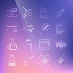 Sticker - Set line Bandage plaster, Genetic engineering, Clinical record, Clipboard with blood test, Magnet money, Health folder, and DNA research, search icon. Vector