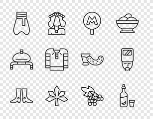 Wall Mural - Set line Ukrainian footwear, Vodka with pepper and glass, Metro or Underground, Chestnut leaf, Cossack pants, Embroidered shirt, Branch viburnum and cossack icon. Vector