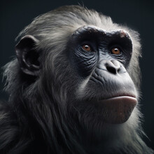 Detailed Close-up Headshot Portrait (Profile View) Of An Adult Chimpanzee (Pan Troglodytes) Ape Face On A Black Background - Expresses Intelligence, Beauty And Human-like Qualities. Generative AI.