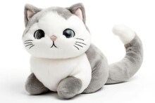 White And Gray Cat Plush Toy On White Background, In The Style Of Gentle And Calming Designs. Generative AI