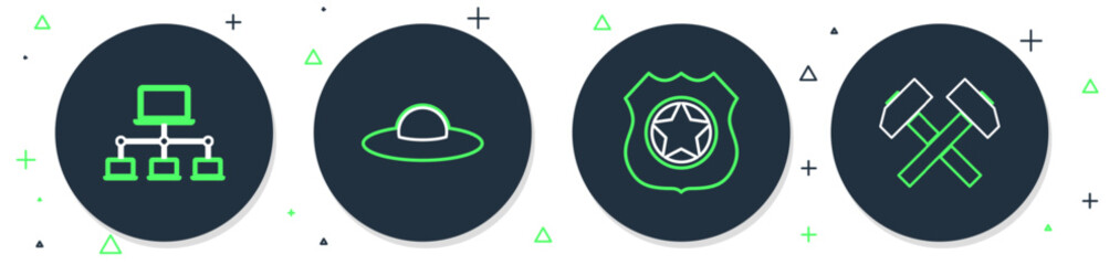 Poster - Set line UFO flying spaceship, Police badge, Computer network and Two crossed hammers icon. Vector