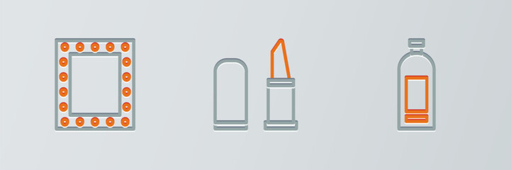 Canvas Print - Set line Bottle of shampoo, Makeup mirror with lights and Lipstick icon. Vector