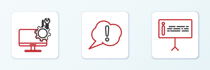 Poster - Set line Information, Computer monitor service and Speech bubble Exclamation icon. Vector
