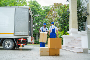 Poster - Two removal company workers are delivery service removing things from the house,Carrying furniture and other belongings.
