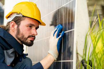 Wall Mural - Engineer hand is installing and checking an operation of sun and cleanliness of photovoltaic solar panels, Engineer with energy measurement tool photovoltaic modules for renewable energy