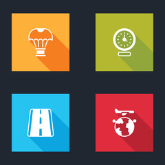 Poster - Set Box flying on parachute, Clock, Airport runway and Globe with plane icon. Vector