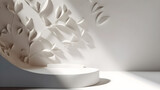 Fototapeta  - white leaves and podium  beauty treatment product background generative ai