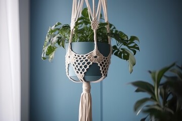 Spruce Up Your Home with Decorative Macrame: An Isolated Gold Plant Hanging with Potted Plant and Blue Planter. Generative AI