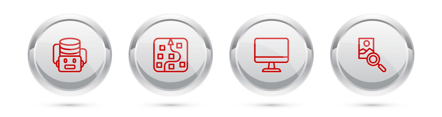 Sticker - Set line Artificial intelligence robot, Neural network, Computer monitor and Photo retouching. Silver circle button. Vector