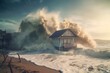Illustration of tsunami waves demolishing a house at the beach. Generative AI
