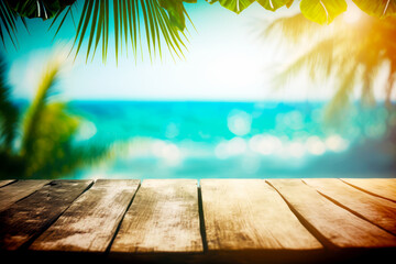 Poster - Wooden table top with view of the ocean and beach in the background. Generative AI.