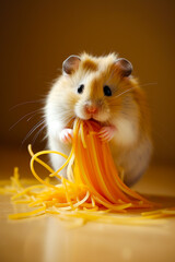 Poster - Hamster eating spaghetti on table with it's front paws on the end of the hamster. Generative AI.