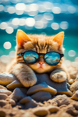 Sticker - Small kitten wearing sunglasses laying on rock on the beach with blurry background. Generative AI.