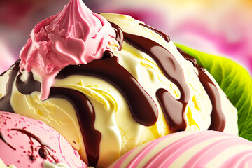 Sticker - Close up of scoop of ice cream with chocolate and pink icing. Generative AI.