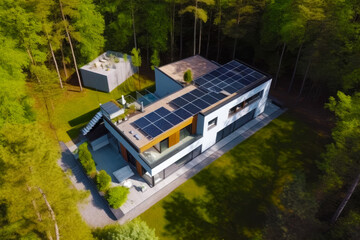 Wall Mural - Aerial view of house with solar panel on it's roof. Generative AI.