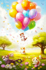 Wall Mural - Image of cat flying in the air with bunch of balloons. Generative AI.