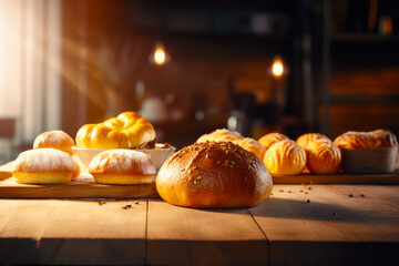 Sticker - Wooden table topped with lots of different types of breads on top of it. Generative AI.