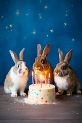 Sticker - Group of bunnies sitting next to cake with candles in it. Generative AI.