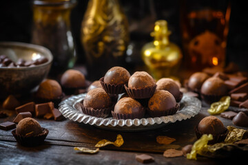 Poster - Plate of chocolate truffles sitting on table next to cup of coffee. Generative AI.