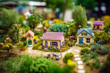 Canvas Print - Close up of small toy house on table with trees and bushes. Generative AI.